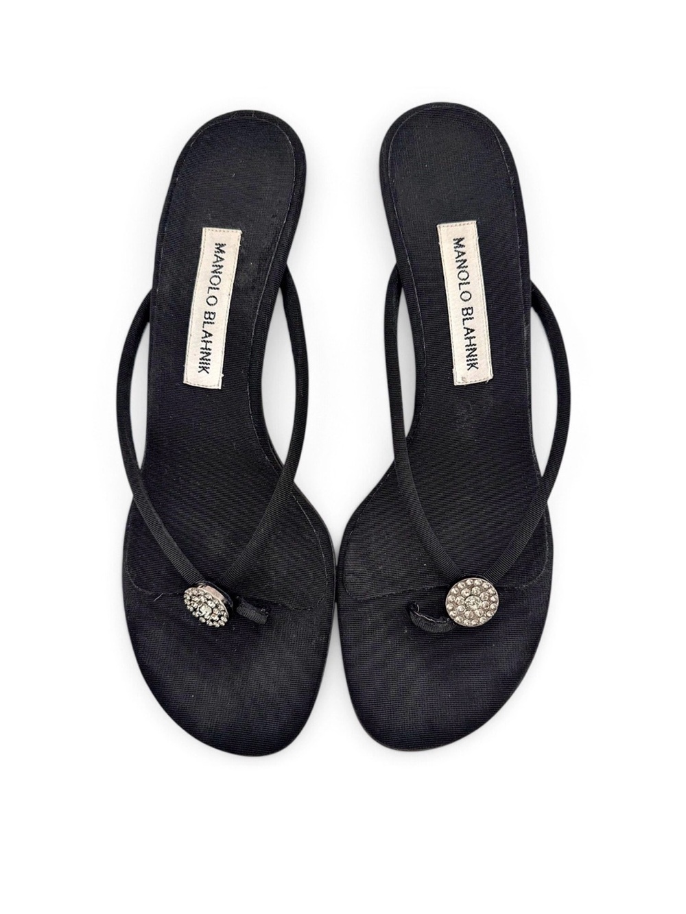 Manolo Blahnik EU 40 Black Ribbed Grosgrain Thong Kitten Heel Sandals Authentic